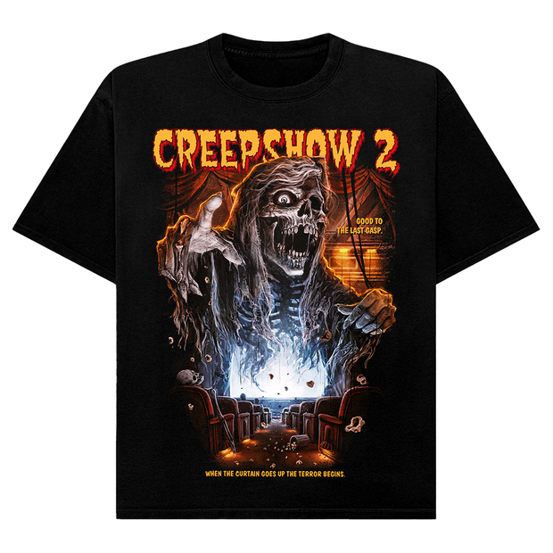 Black t-shirt with 'Creepshow 2' graphic design featuring a skeleton and text.