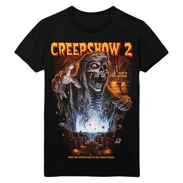 Black t-shirt with 'Creepshow 2' graphic design featuring a skeleton and movie theater.