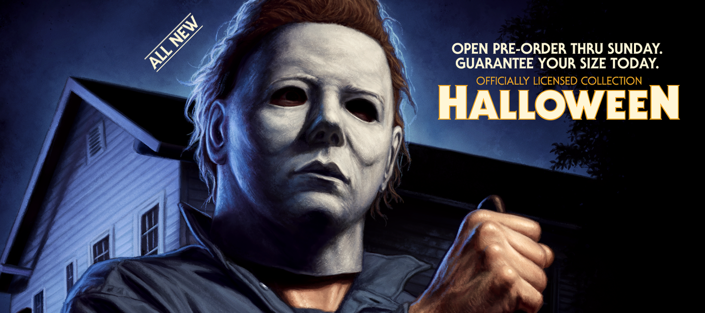 Promotional image of Michael Myers from 'Halloween' with text about pre-ordering.