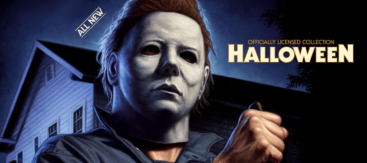 Michael Myers from 'Halloween' with a house in the background, featuring the movie title.