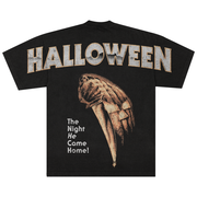 Black t-shirt with 'HALLOWEEN' text and the classic Halloween movie poster graphic on a white background