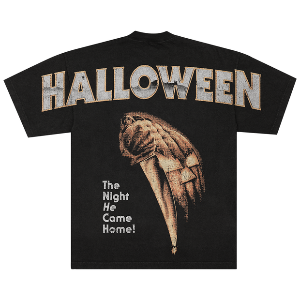 Black t-shirt with 'HALLOWEEN' text and the classic Halloween movie poster graphic on a white background