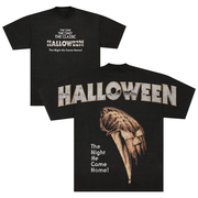 Black t-shirt with 'HALLOWEEN' text and the classic Halloween movie poster graphic on a white background