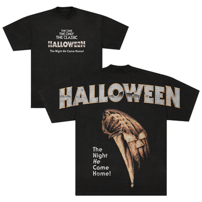 Black t-shirt with 'HALLOWEEN' text and the classic Halloween movie poster graphic on a white background