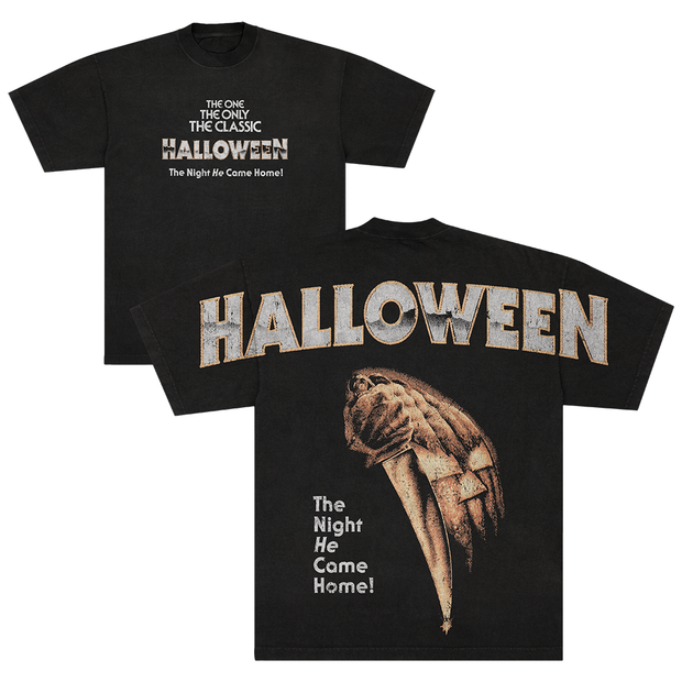 Black t-shirt with 'HALLOWEEN' text and the classic Halloween movie poster graphic on a white background