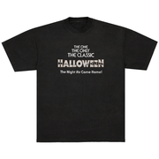 Black t-shirt with 'HALLOWEEN' text and the classic Halloween movie poster graphic on a white background