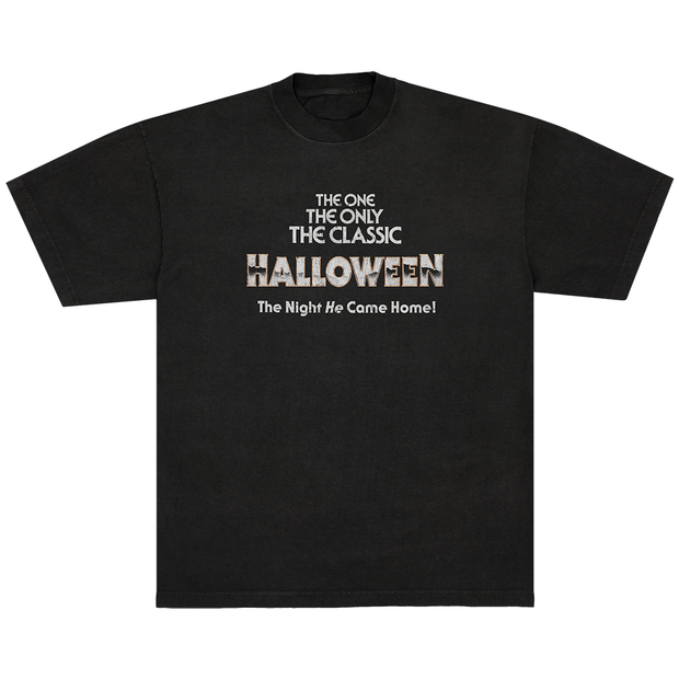 Black t-shirt with 'HALLOWEEN' text and the classic Halloween movie poster graphic on a white background