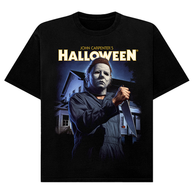 Black t-shirt with 'Halloween' movie graphic featuring Michael Myers holding a knife.
