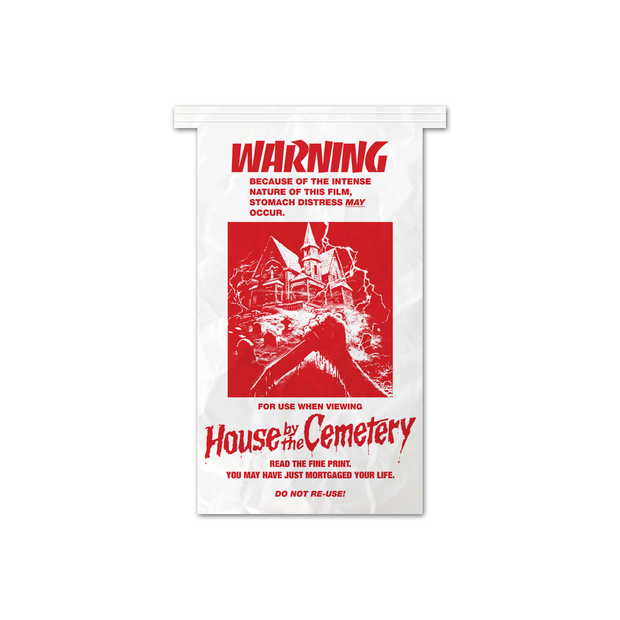 Warning label for 'House on the Cemetery' with red text and graphic on a white background