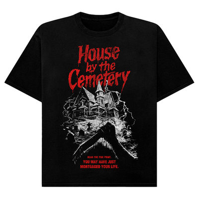 Black t-shirt with 'House by the Cemetery' graphic design featuring a haunted house.