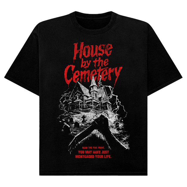 Black t-shirt with 'House by the Cemetery' graphic design featuring a haunted house.