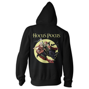 Black hoodie with 'Hocus Pocus' design on the back featuring three witches.