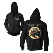 Black hoodie with 'Hocus Pocus' text on front and back design.