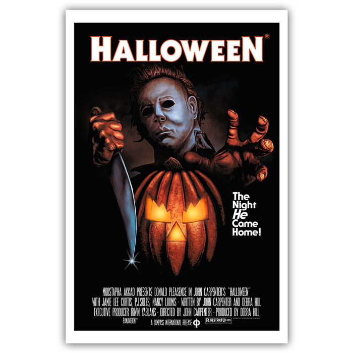 A vertical Halloween movie poster print with a white border, featuring Michael Myers in a mask holding a knife and a glowing jack-o'-lantern pumpkin against a black background. The word 'HALLOWEEN' appears at the top in large orange letters, with tagline text on the right and credits at the bottom.