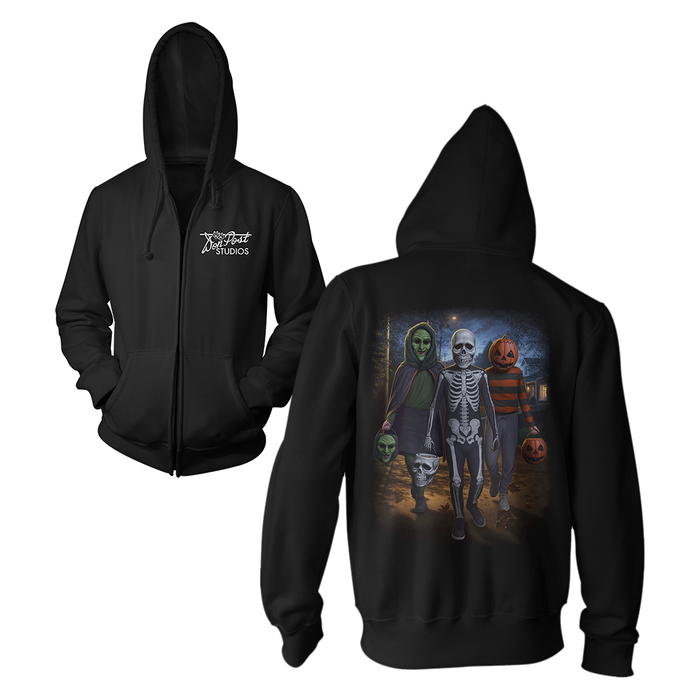 Black zip-up hoodie shown from the front and back on a white background. The front has a small white script logo on the left chest, and the back features a large Halloween graphic with a skeleton, a green-skinned figure, a pumpkin-headed figure, and pumpkins against a dark blue sky.