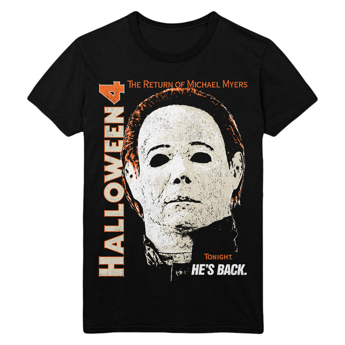 A black short-sleeve graphic t-shirt featuring a distressed print of Michael Myers from Halloween 4. The graphic includes orange and white text reading 'HALLOWEEN 4', 'THE RETURN OF MICHAEL MYERS', 'TONIGHT.