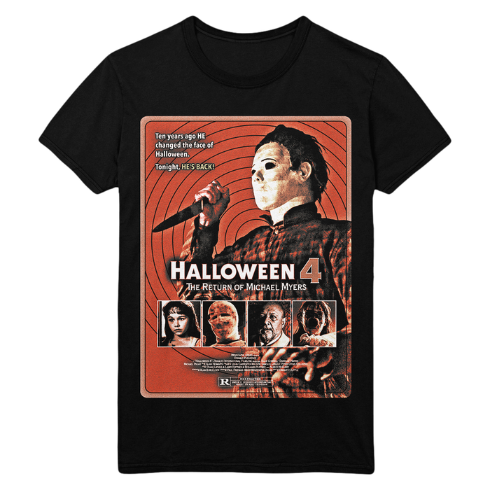 A black short-sleeve crewneck t-shirt featuring a large graphic print of the 'Halloween 4' movie poster on the front, displayed against a solid white background.