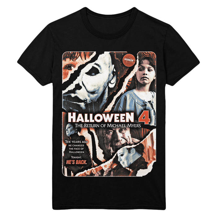 A black short-sleeve crewneck t-shirt featuring a large graphic print for the movie 'Halloween 4: The Return of Michael Myers'. The graphic is a collage of horror character faces in orange, white, and black tones, with the movie title in bold white and orange text.
