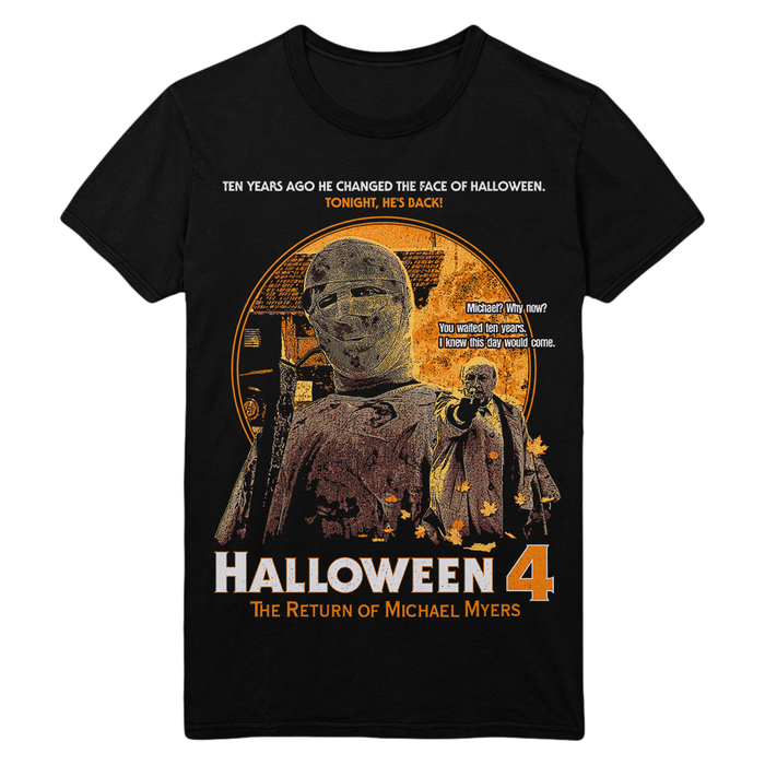 A black short-sleeve graphic t-shirt featuring a stylized print of Michael Myers from Halloween 4. The graphic includes the movie title 'HALLOWEEN 4' in large white and orange letters, along with character artwork and text references to Michael Myers.