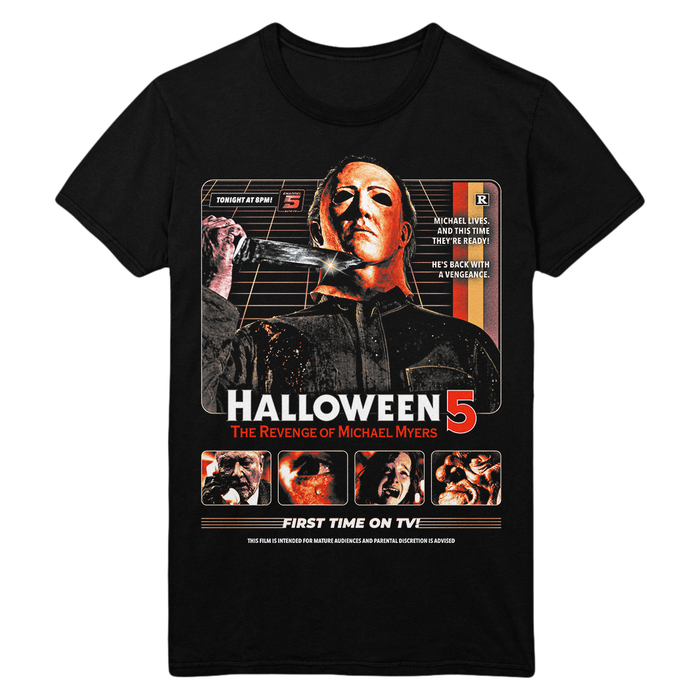 A black short-sleeve crewneck t-shirt featuring a large graphic print of Michael Myers from the movie 'Halloween 5: The Revenge of Michael Myers' on the front, displayed against a solid white background.