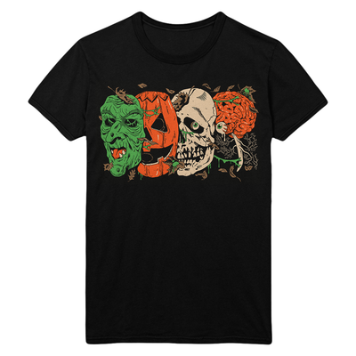 Black t-shirt with Halloween-themed design featuring Don Post Studios Halloween Trio Masks from Halloween III: Season of the Witch