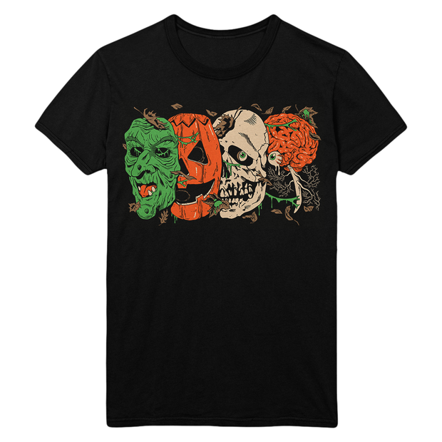 Black t-shirt with Halloween-themed design featuring Don Post Studios Halloween Trio Masks from Halloween III: Season of the Witch