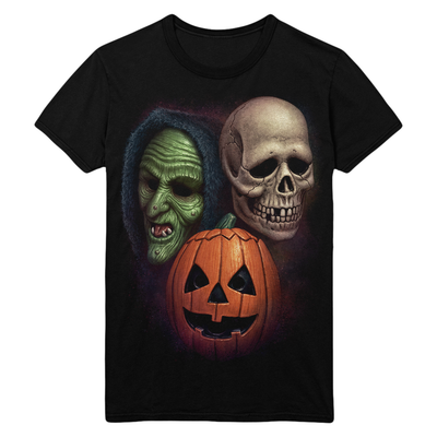 Black t-shirt with Halloween-themed design featuring Don Post Studios Halloween Trio Masks from Halloween III: Season of the Witch