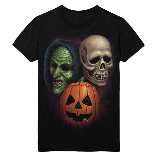 Black t-shirt with Halloween-themed design featuring Don Post Studios Halloween Trio Masks from Halloween III: Season of the Witch