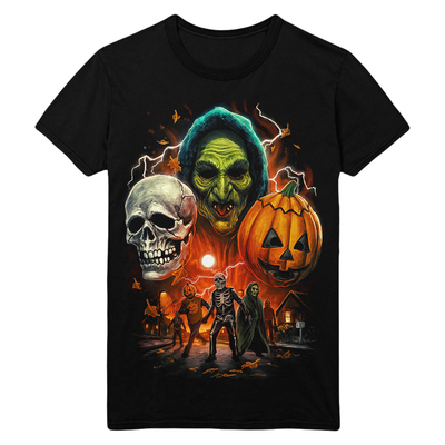 Black t-shirt with Halloween-themed design featuring Don Post Studios Halloween Trio Masks from Halloween III: Season of the Witch
