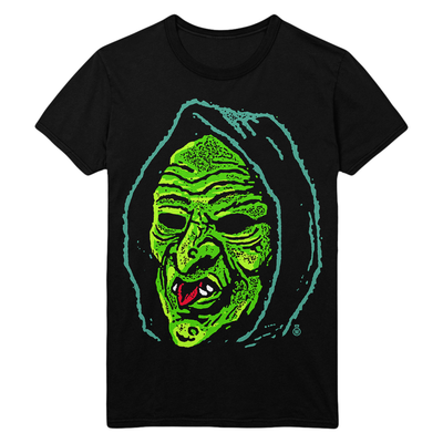 Black t-shirt with Halloween-themed design featuring Don Post Studios Halloween Trio Masks from Halloween III: Season of the Witch