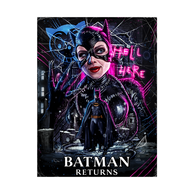 Movie poster for 'Batman Returns' featuring catwoman in a dark costume with neon text.