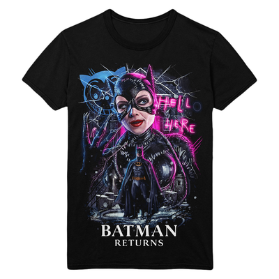 Black t-shirt with a graphic design of catwoman in a mask and costume, with text 'HELLO THERE' and 'BATMAN RETURNS'.