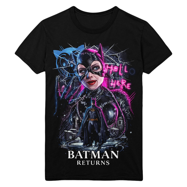 Black t-shirt with a graphic design of catwoman in a mask and costume, with text 'HELLO THERE' and 'BATMAN RETURNS'.