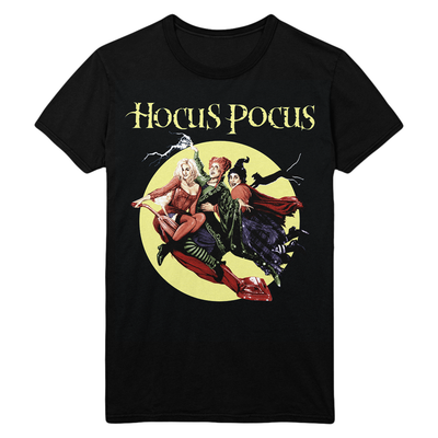 Black t-shirt with 'Hocus Pocus' design featuring three witches on a yellow circle background.