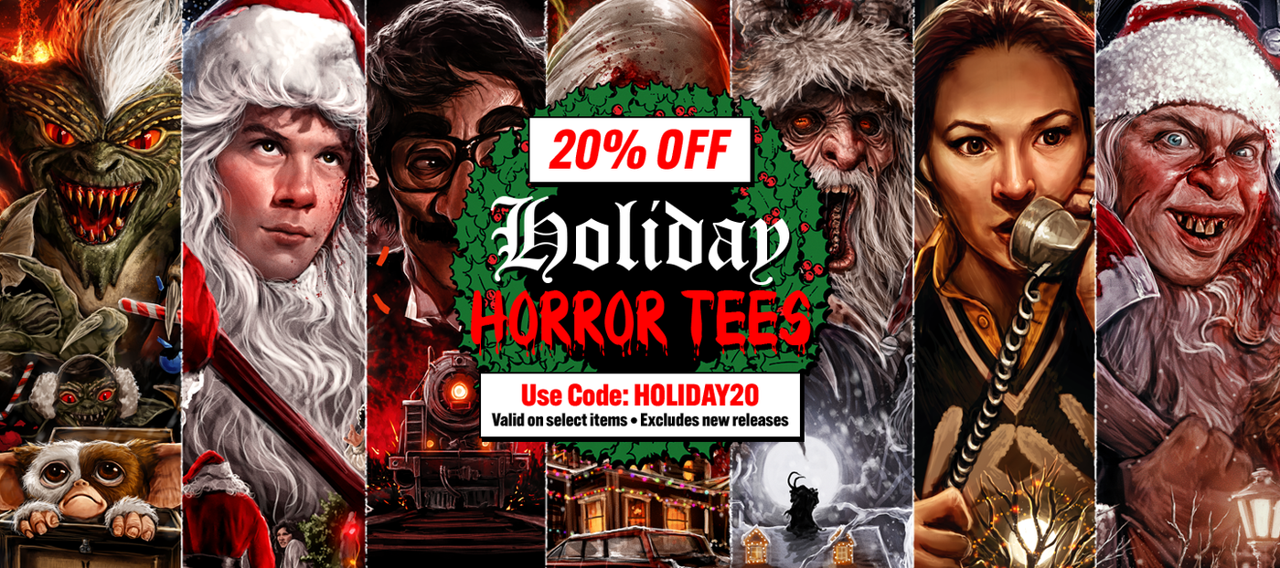 Promotional banner for holiday horror tees with various characters and a discount offer.