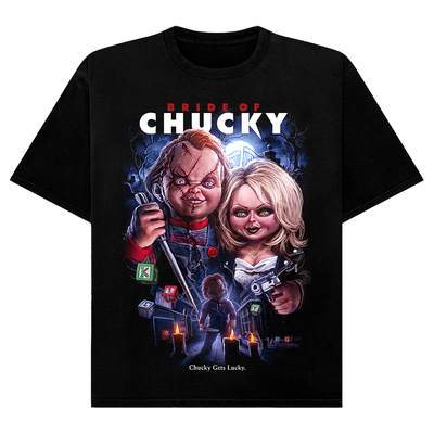 Black t-shirt with 'Bride of Chucky' graphic design featuring Chucky and Tiffany.
