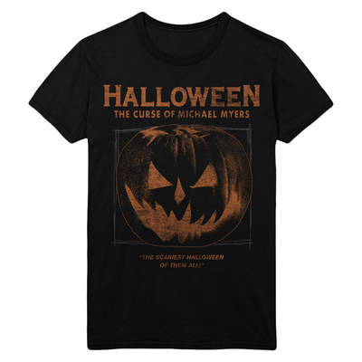Black t-shirt with Halloween: The Curse of Michael Myers design featuring a pumpkin and text