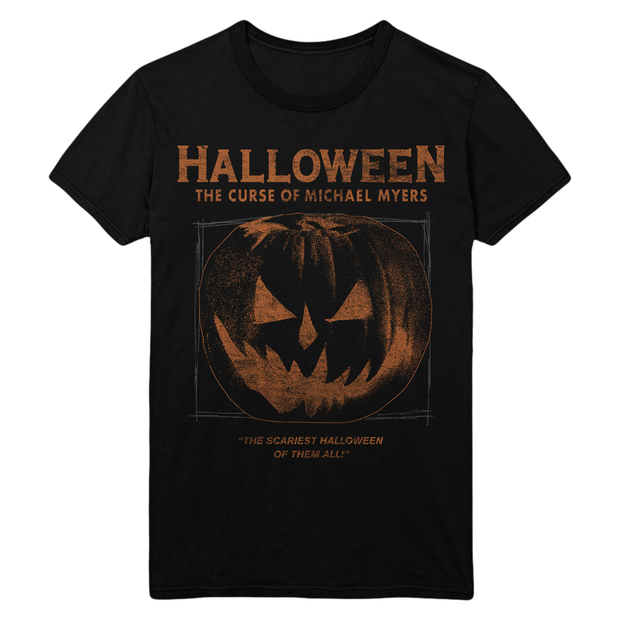Black t-shirt with Halloween: The Curse of Michael Myers design featuring a pumpkin and text