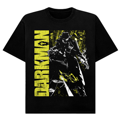 Black t-shirt with a graphic design of a character and the word 'Darkman' in yellow on a white background.