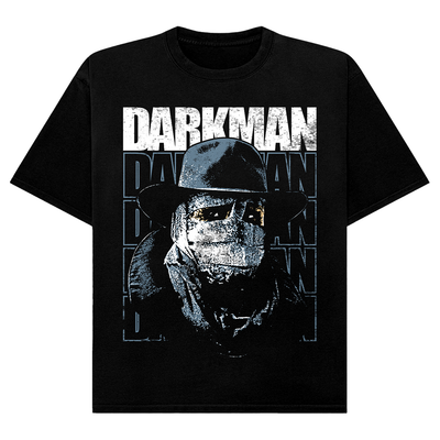 Black t-shirt with 'Darkman' graphic design on a white background