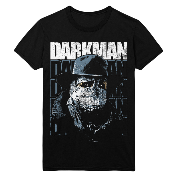 Black t-shirt with 'Darkman' graphic design on a white background