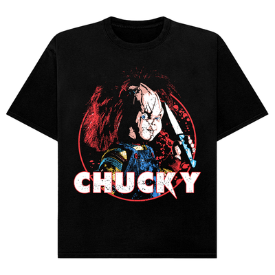 Black t-shirt with a graphic design of a character holding a knife and the word 'CHUCKY' on a white background.