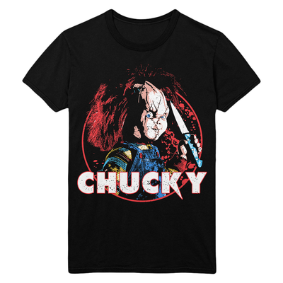 Black t-shirt with a graphic of a character holding a knife and the word 'CHUCKY' on a white background.