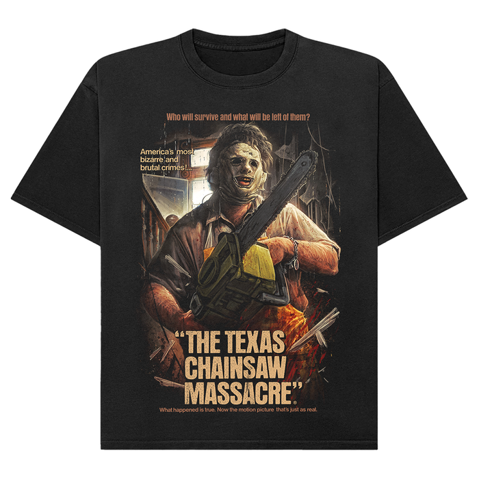 A black short-sleeve graphic t-shirt featuring a stylized print of Leatherface from 'The Texas Chainsaw Massacre' holding a chainsaw, with the movie title in bold beige text at the bottom.