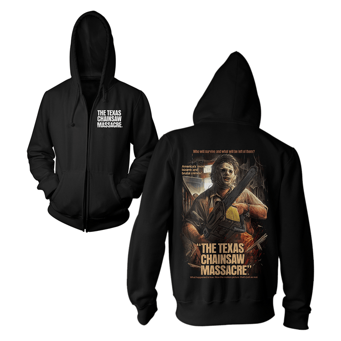 Black zip-up hoodie shown from the front and back on a white background. The front has white text reading 'THE TEXAS CHAINSAW MASSACRE' on the chest.