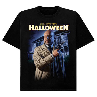 Black t-shirt with 'John Carpenter's Halloween' graphic featuring Dr. Loomis