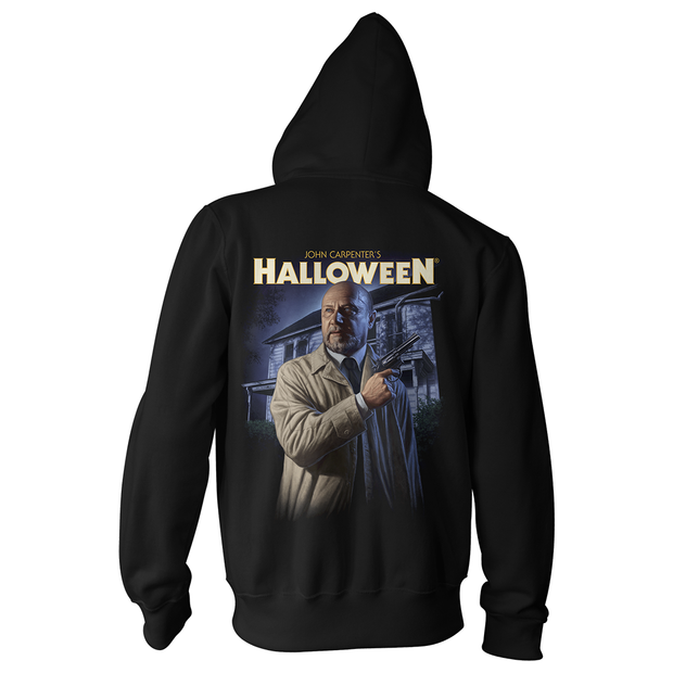 Black hoodie with 'Halloween' movie graphic on the back, featuring Dr. Loomis and the title.
