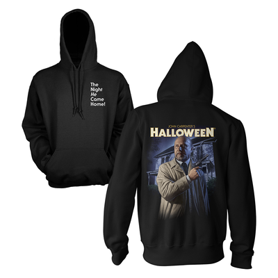 Black hoodie with 'Halloween' movie graphic on the back, showing front and back views.