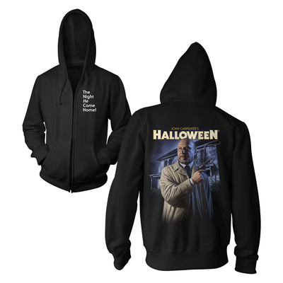Black hoodie with 'Halloween' movie graphic on the back, featuring Dr. Loomis and the title.