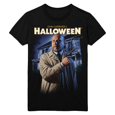 Black t-shirt with 'John Carpenter's Halloween' graphic featuring Dr. Loomis.